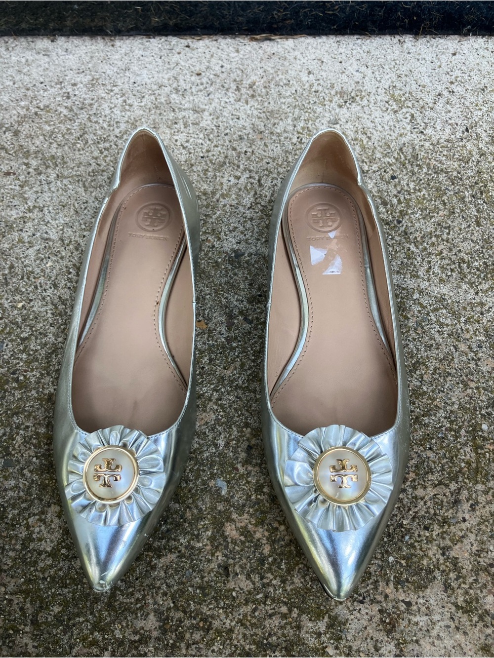 Tory Burch Metallic Silver Pointed-Toe Flats with Rosette Medallion
